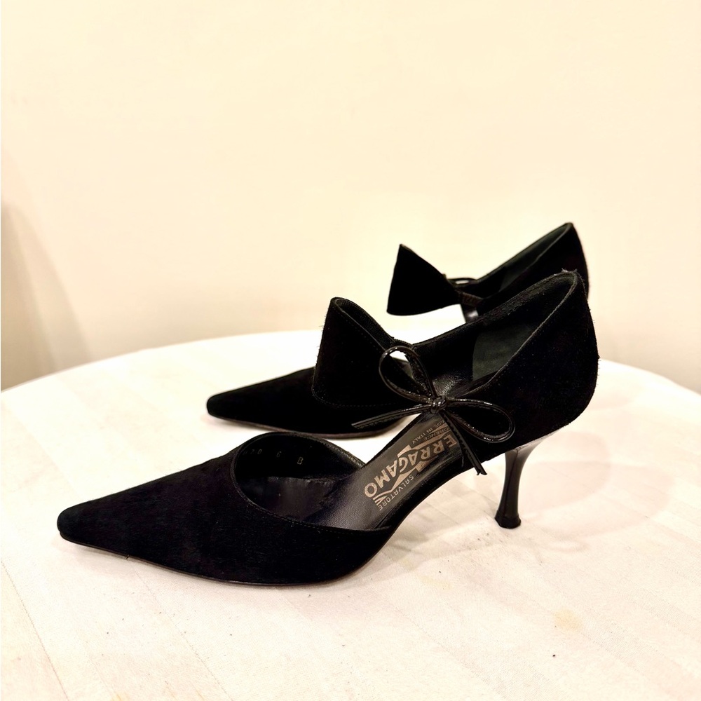 Salvatore Ferragamo Black Suede Heels with Bow Detail